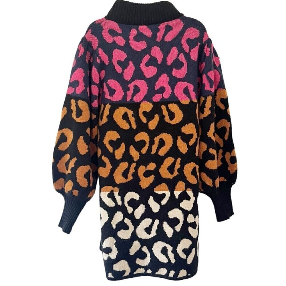 Farm Rio Mixed Leopards Sweater Dress Women's Sz S Pink Blue Orange Black White - Picture 3 of 11